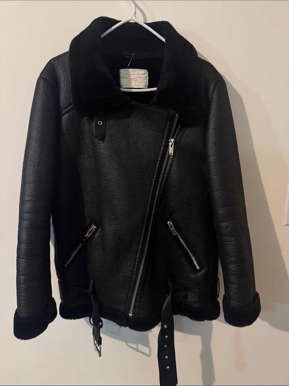 Zara Women's Black Shearling-Lined Leather Moto Jacket